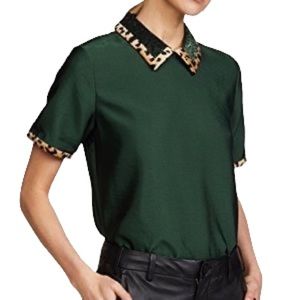 Scotch & Soda Green Leopard Lurex Top Mock Neck Shoer Sleeve Blouse Size XS
